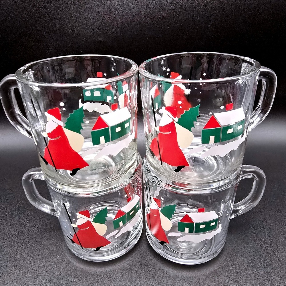 Vintage Anchor Hocking Christmas Santa Glass Mugs Set of 4 1988 Holiday USA Made